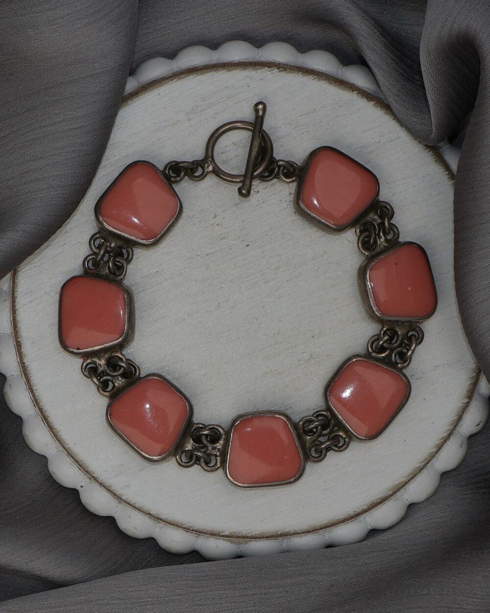Vintage Mexico Sterling Silver Coral Bracelet 42.6G / 8in
